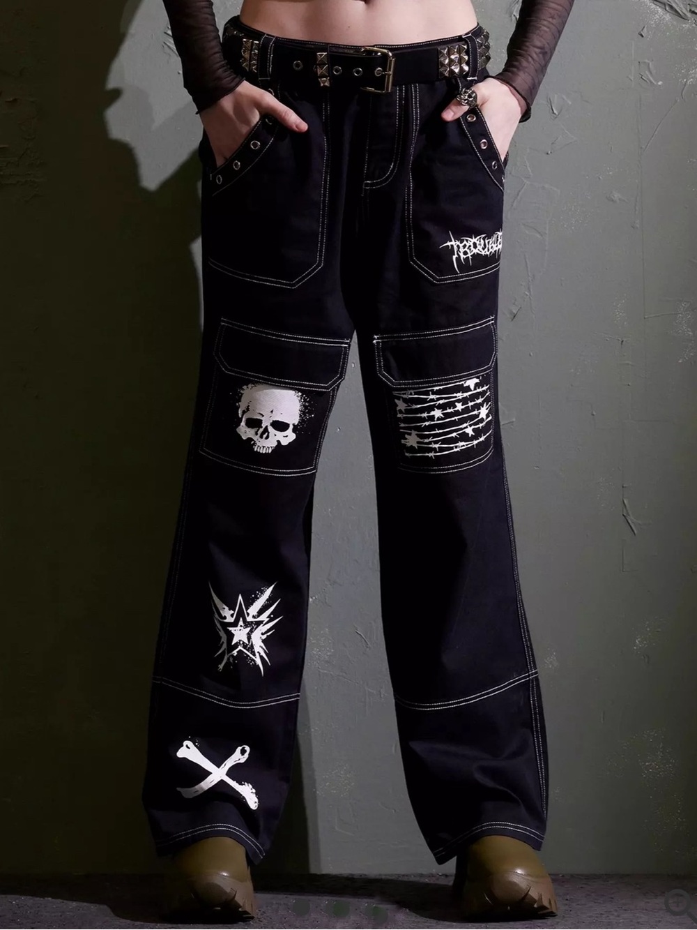 Hot Topic Black Punk Icons Wide Leg Cargo Pants Size 9 Emo Punk Goth Metal Skull - Picture 1 of 8